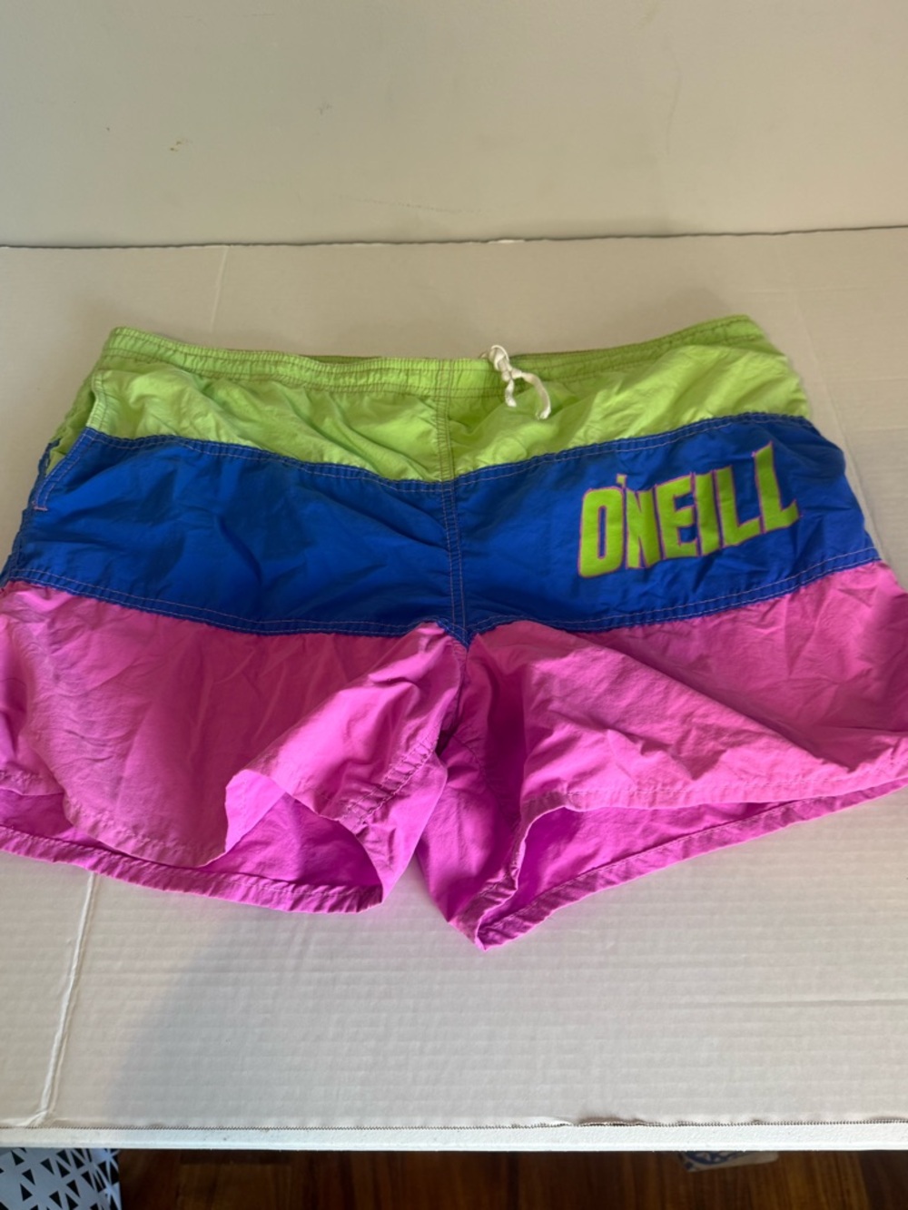 Vintage 90s  O'Neill Neon size 36 Colorblock Swim Shorts - Lime, Blue, Pink
